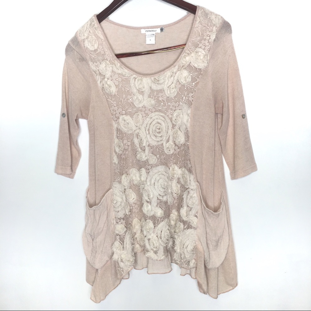 Feratelli • beige lace tunic pockets rosette small